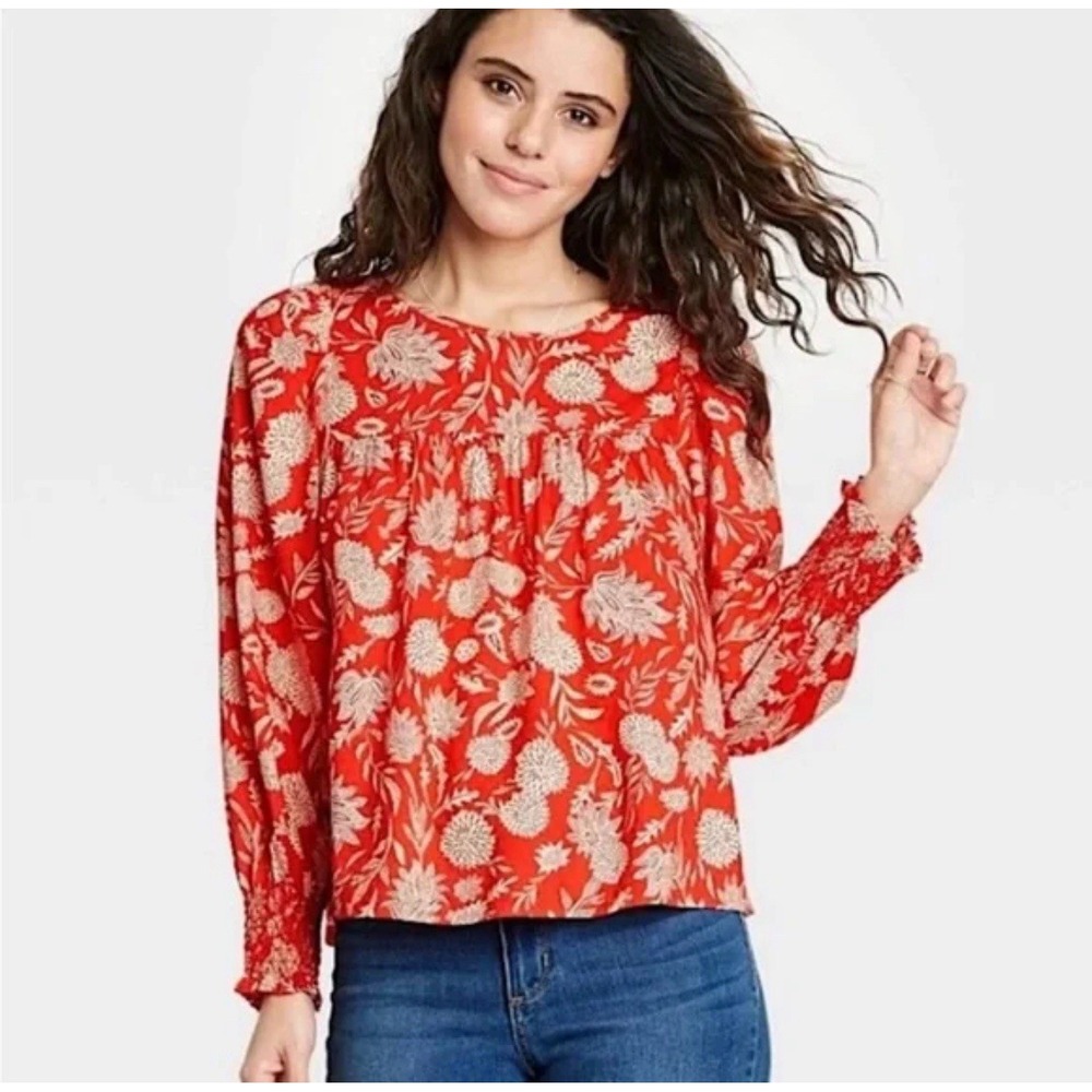 Universal Thread Women's XXL Blouse Top Orange White Floral Tropical Peasant